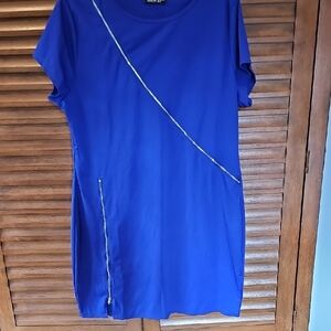 BloomChic Royal Blue Short Sleeve Dress with Diagonal Zip